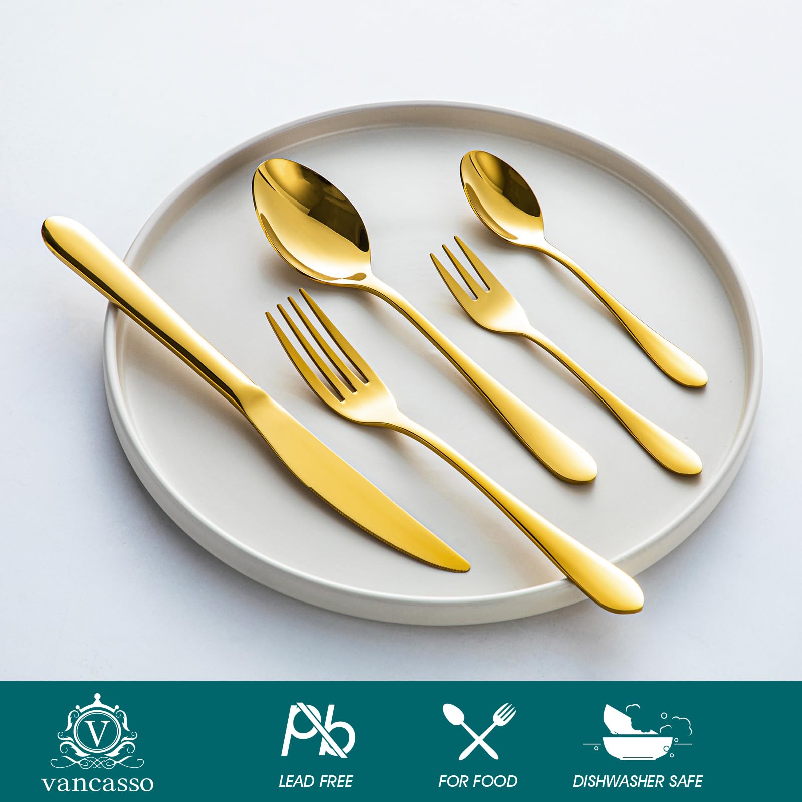 vancasso Besteck Gold Set 6 Personen,30-Teilig Edelstahl Besteckset mit Messer/Gabel/Löffel/Dessertlöffel, 18/10 Edelstahl Besteckset Poliert mit Geschenkbox, Spülmaschinenfest