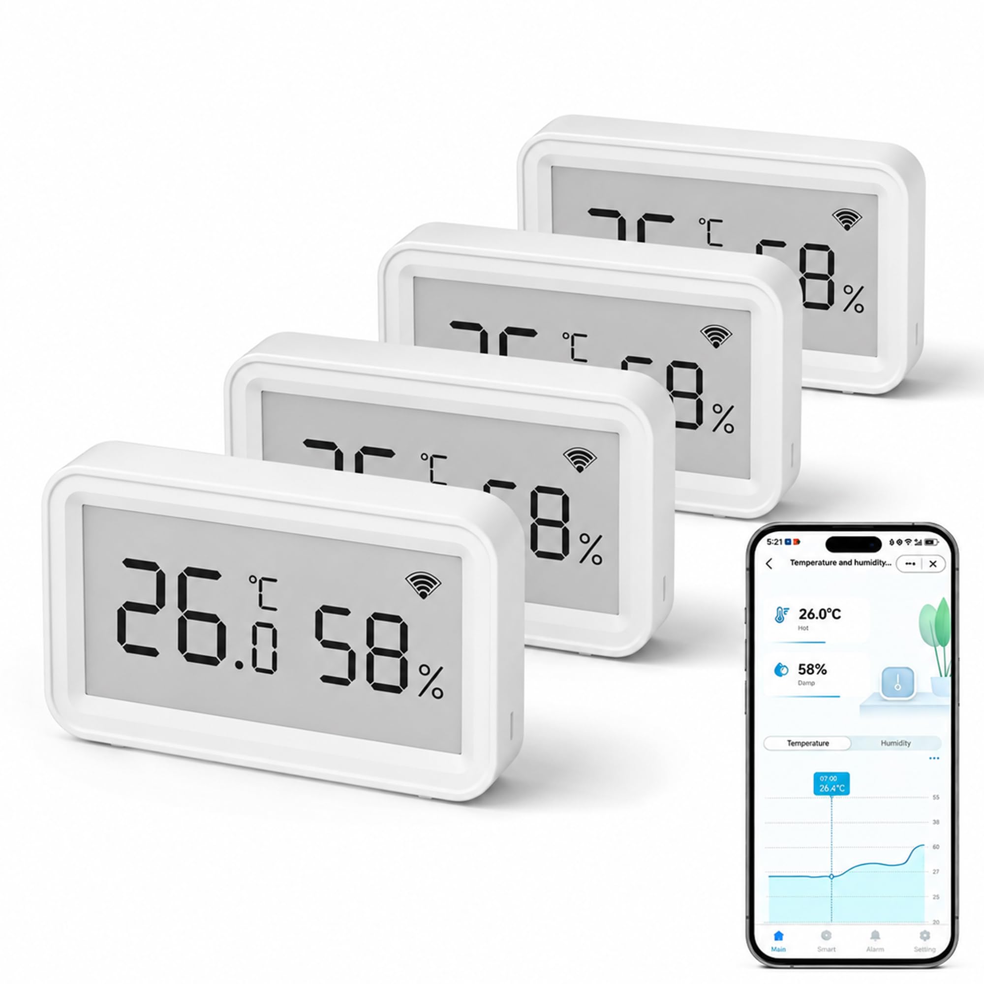 Sensore di temperatura e umidità WLAN: termometro igrometro wireless con display LCD, notifica app, memorizzazione dati ed esportazione, calibrabile, monitoraggio digitale per la casa, 4 pezzi