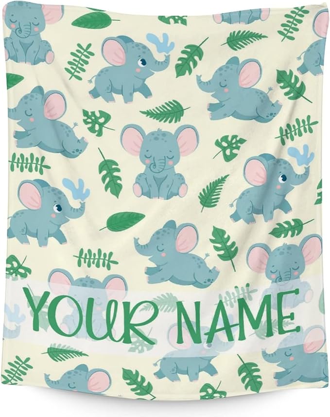 Personalized Elephant Blanket Gifts with Name - 60"x80" Cute Throw for Women Girls - Green Soft Fuzzy Blankets for Bed, Couch & Living Room