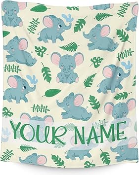 Personalized Elephant Blanket Gifts with Name - 60"x80" Cute Throw for Women Girls - Green Soft Fuzzy Blankets for Bed, Couch & Living Room