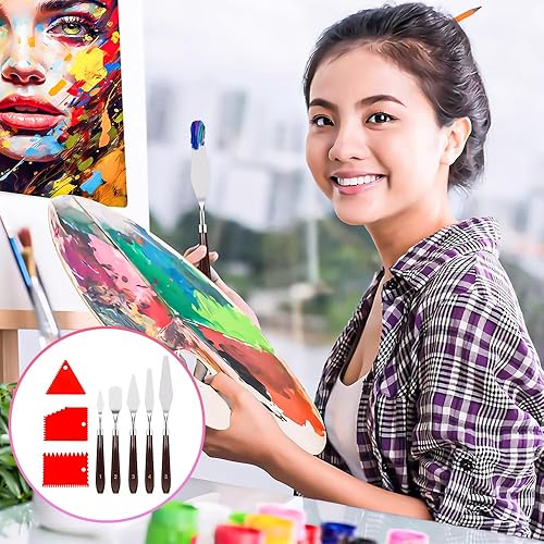 Miniatura 7 de Juego de cuchillos de paleta, 5 cuchillos de paleta de pintura de acero inoxidable con 6 raspadores de pintura de plástico, pintura al óleo,