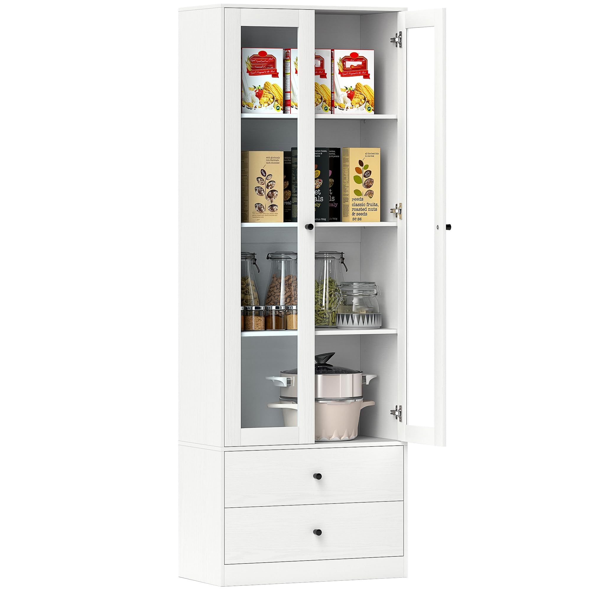 HOMCOM Meuble de Rangement Buffet Salon Placard 59 x 30 x 164 cm Blanc | Portes Vitrées, Étagères Réglables, 2 Tiroirs, Armoire de Rangement, Salon Cuisine Chambre