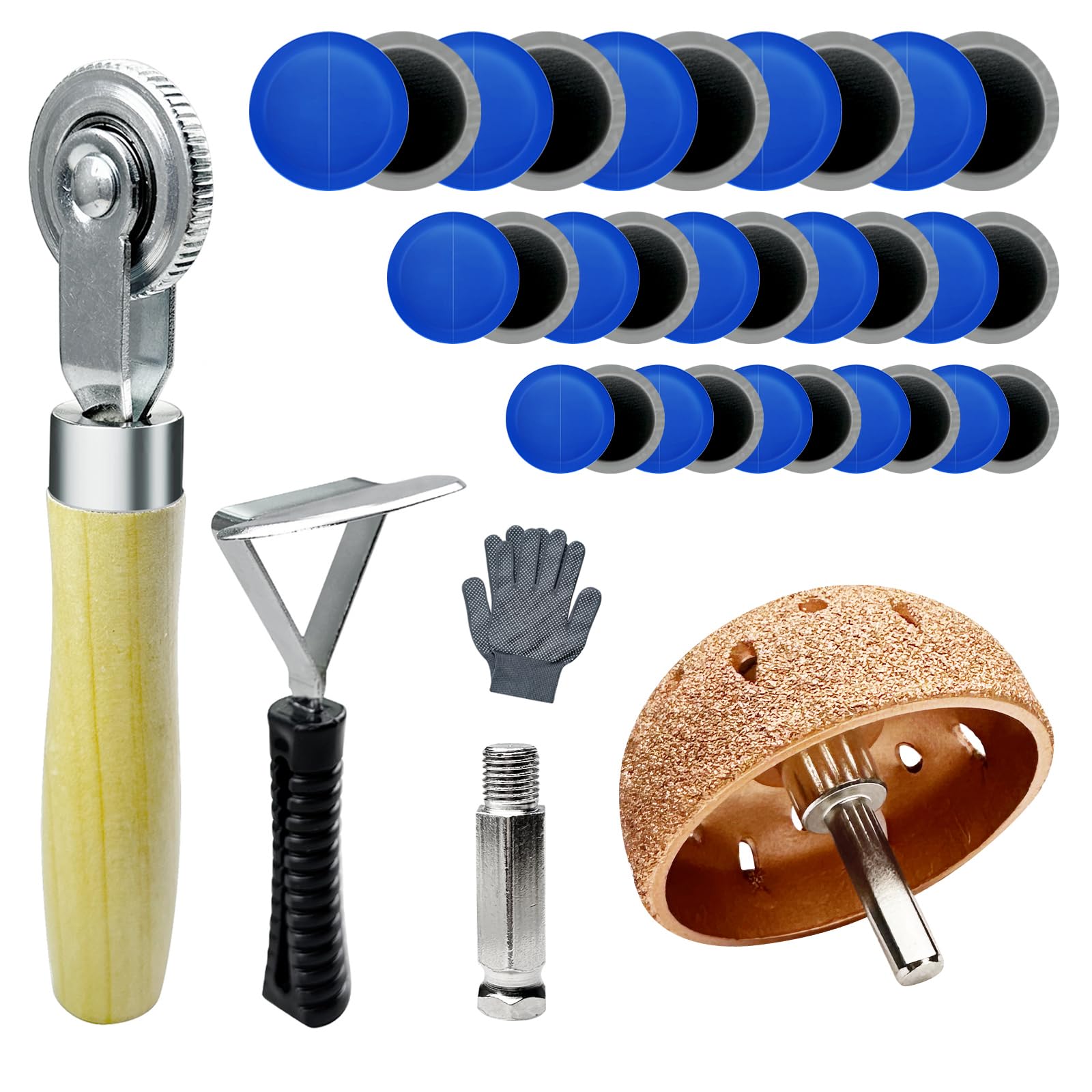 36Pcs Tire Repair Patch Tools Kit Heavy Duty, Tungsten Steel 55 mm Tire Repair Buffing Wheel with 32/42/58mm Tire Patches, Inner Liner Scraper, Tire Patch Roller for Car Motorcycle Bike Grinding