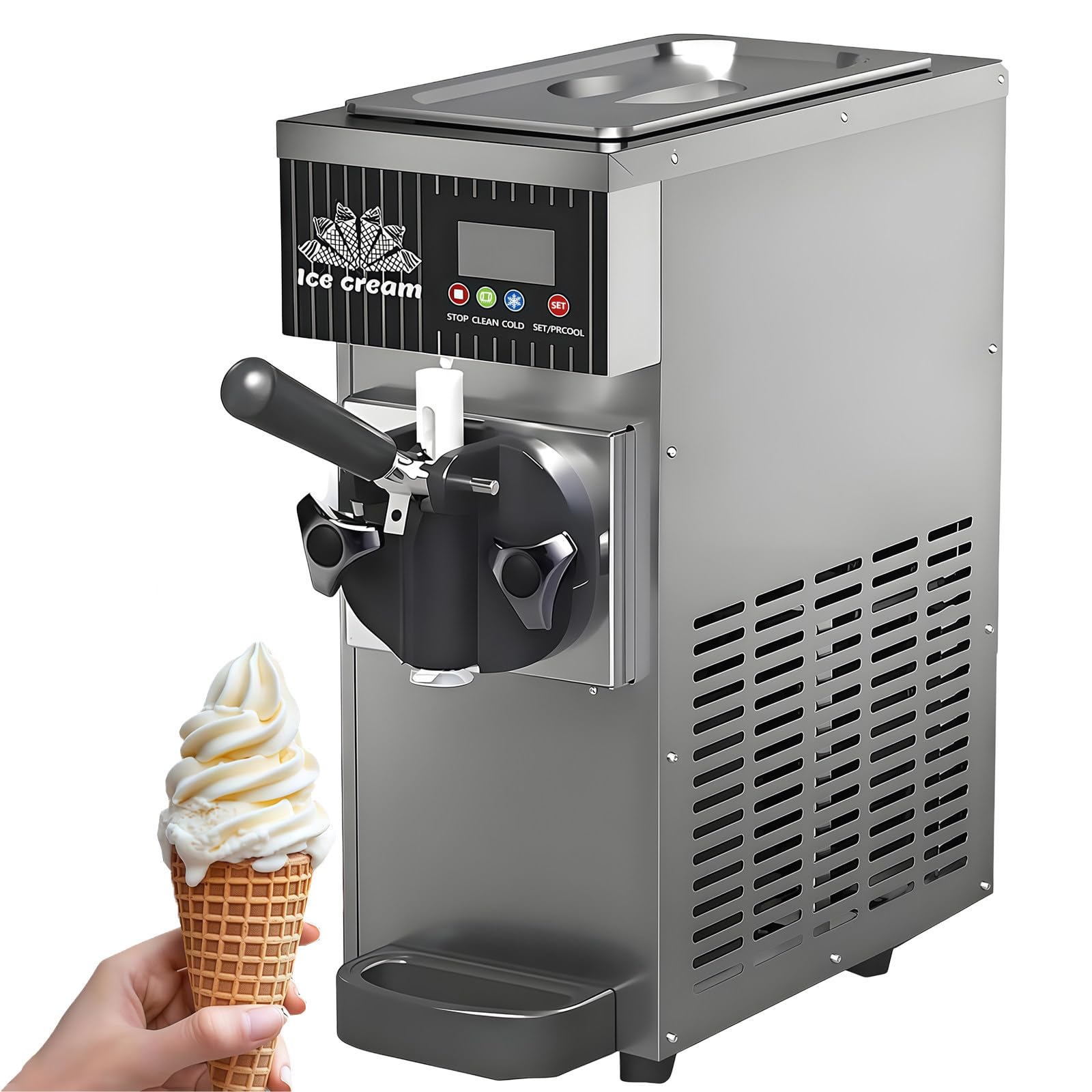 BANGBANGJI Single Flavor Commercial Soft Serve Ice Cream Machine, Countertop Ice Cream Maker, 3.5L Hopper, 4.5-8kg/H Yield, with LED Panel Auto Clean Pre-Cooling, for Home, Parties, Cafés Metallic