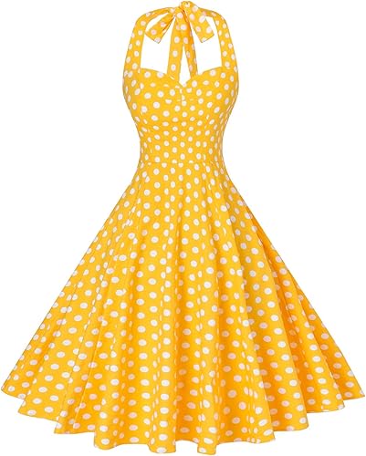 Miniatura 9 de V Fashion - Vestido de Cocktail Swing con cuello Halter y escote en V a lunares de estilo Vintage Rockabilly de los años 50 para mujeres