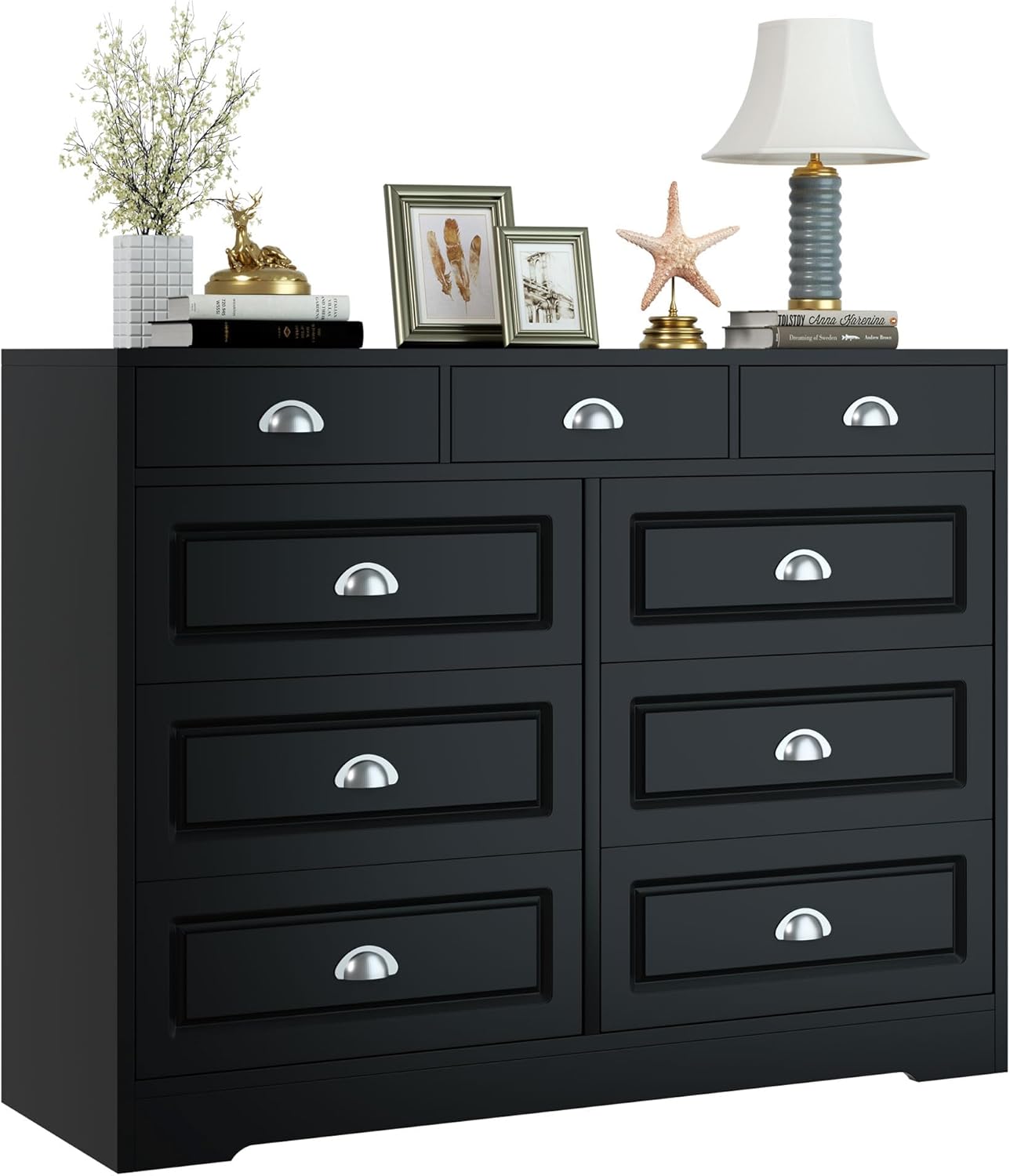 Shintenchi Dresser for Bedroom with 9 Drawers,Double Dresser & Chest of Drawers Wooden Organizer with Metal Handle, Storage TV Stand for Living Room,Black Black 15.7"D x 46.7"W x 35.4"H (9 Drawers)