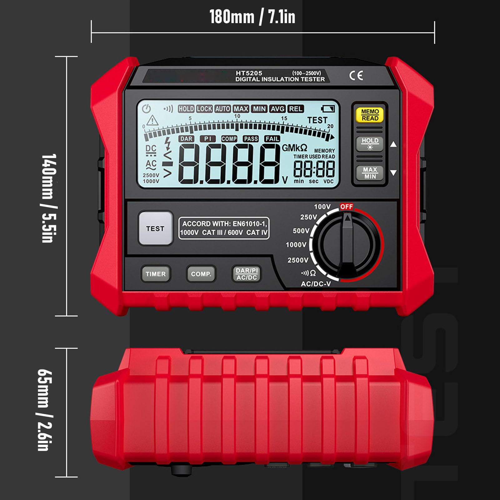 JTLB Testeur de Résistance D'isolation, Mégohmmètre 100 V-2500 V avec Fonction DAR PI, Tension AC DC jusqu'à 1000, pour la Vérification de la sécurité de la Maintenance électrique