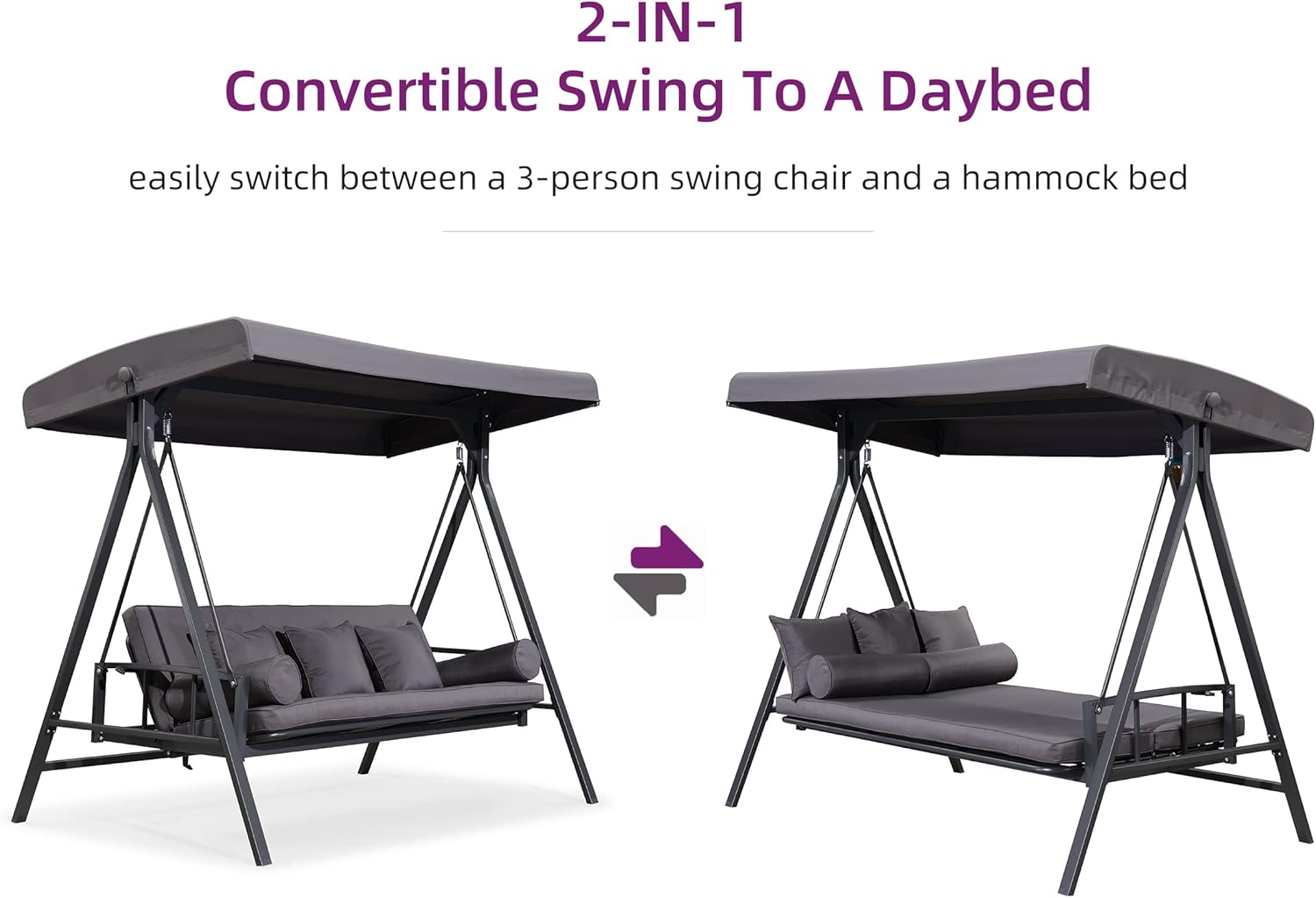 Side-by-side comparison of the PURPLE LEAF swing in its upright 3-person swing chair configuration and its flat daybed configuration.
