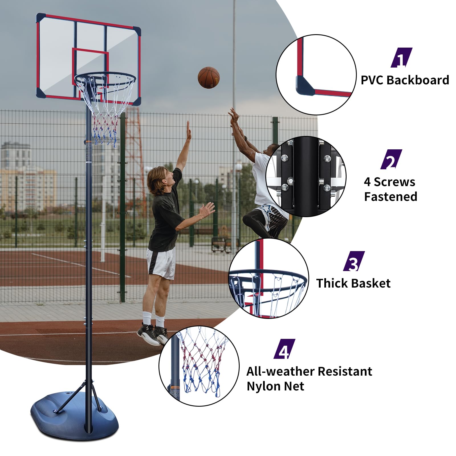 Canestro da Basket da Esterno in Acciaio, Regolabile, Nero e Rosso, 280 cm