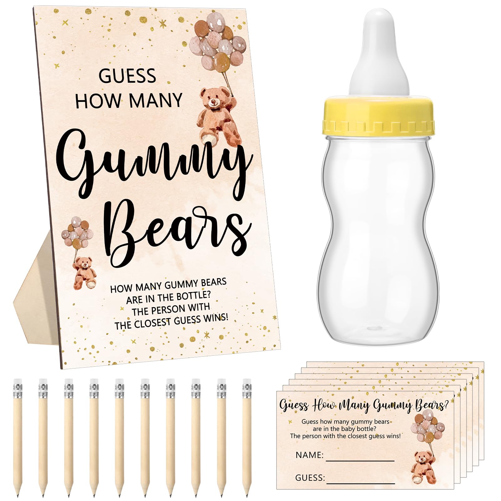 Qilery 122 Pcs Baby Shower Games Guess How Many Bears 100 Guessing Cards 20 Pencils 1 Bottle 1 Wood Standing Sign for Baby Shower Games Gender Reveal