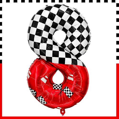 Vista 16 de Minyu Globos de papel de aluminio con temática de carreras, con un diseño de bandera a cuadros en blanco y negro con elementos de coche de carreras