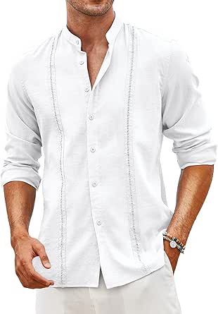 COOFANDY Men's Cuban Guayabera Shirts Linen Casual Long Sleeve Button Down Shirt Band Collar Summer Beach Tops