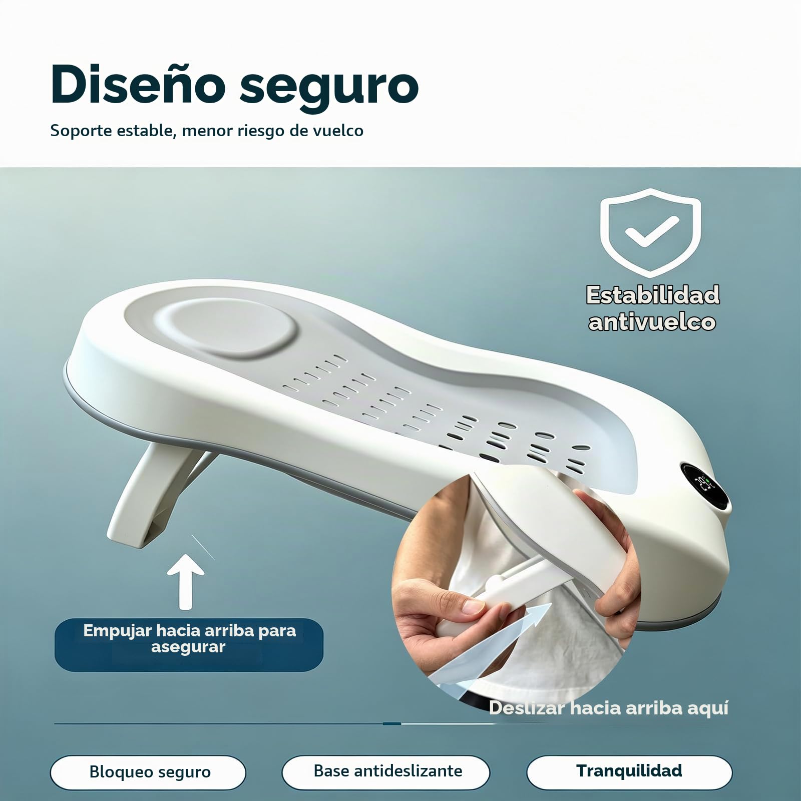 Bañera plegable para bebé, termómetro impermeable integrado, estructura reforzada estable sin tambalearse, gran drenaje rápido, soporte aislado en el suelo, forma redonda ergonómica