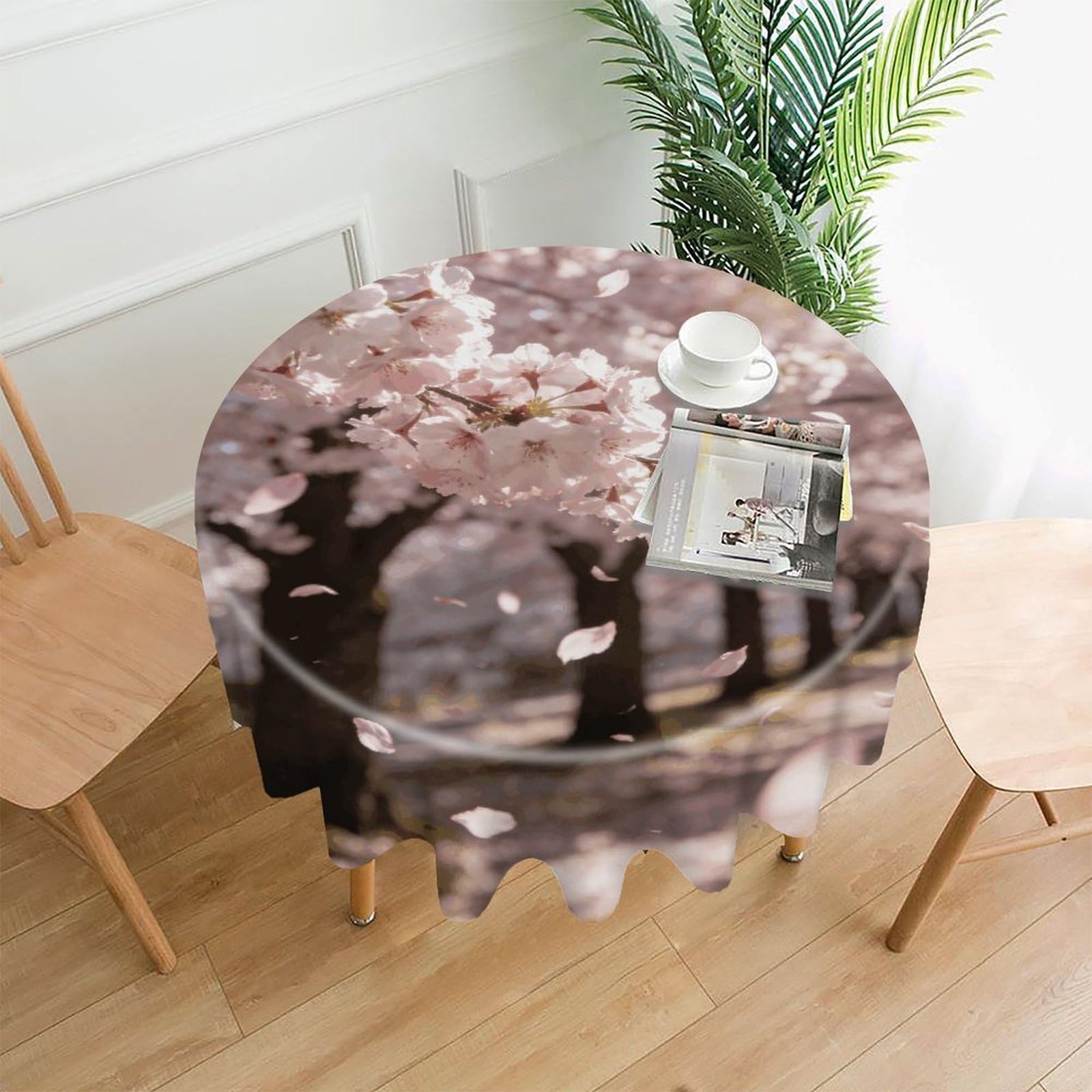 LZQPOEAS Japanese Cherry Blossom Tablecloth Easy to Clean Polyester Round Table Cover Washable Round Table Cloth Wrinkle-Free Circle Decoration Tablecloth for Kitchen and Dining Room 60"