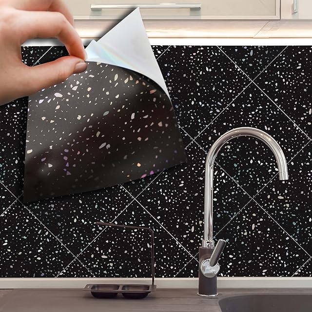 WALPLUS 15cm(6")@24pcs Terrazzo Holographic Glitter Black Wall Tile Sticker Tile Paint Stick on Tiles Peel and Stick Self Adhesive Wall Tiles Stickers for Kitchen Bathroom Tile Transfer Backsplash