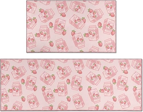 Brilbcu Juego de 2 tapetes de cocina con diseño de vaca de fresa rosa, alfombras decorativas para cocina, de bajo perfil, de vaca, fresa, decoración