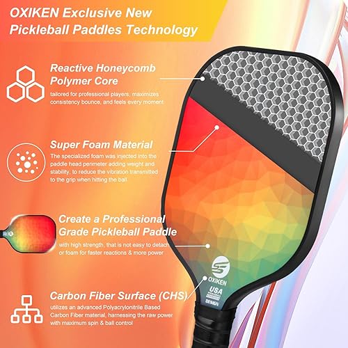 Miniatura 3 de OXIKEN Pickleball Paddles Set of 4, USAPA Approved Carbon Fiber Pickle Ball Paddle (CHS), Polypropylene Honeycomb Core, Anti Slip Sweat Absorbing