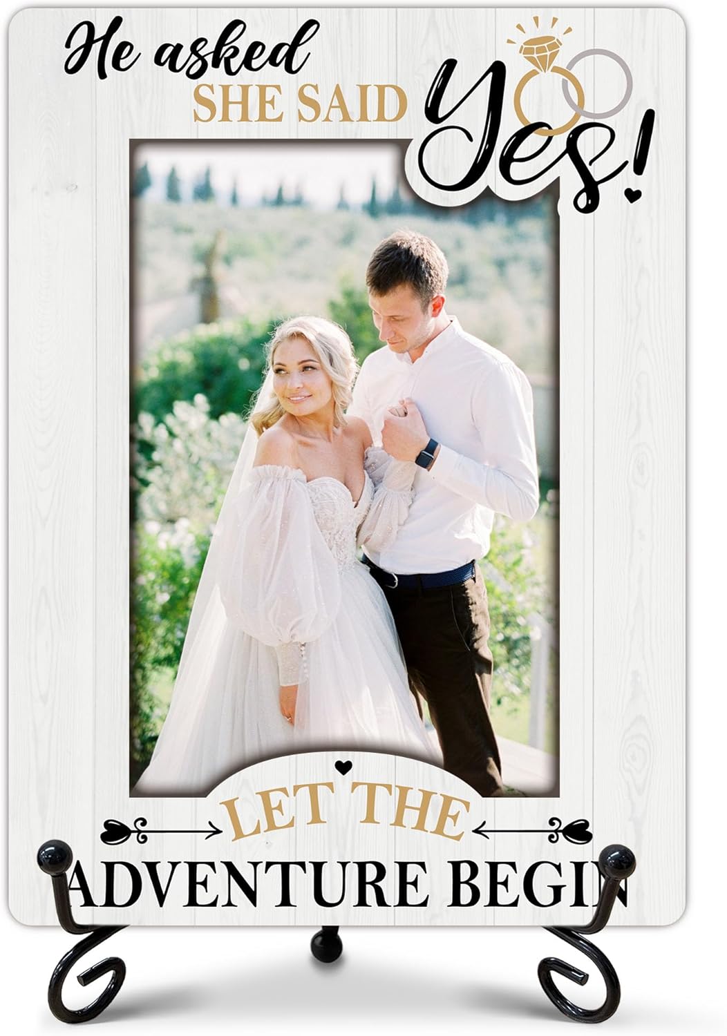 Engagement Gifts Picture Frame, He Asked She Said Yes Photo Frame, Wedding Engagement Gifts for Couples Newly Engaged, Desk Tabletop Decor for 4 x 6 Photo-B19
