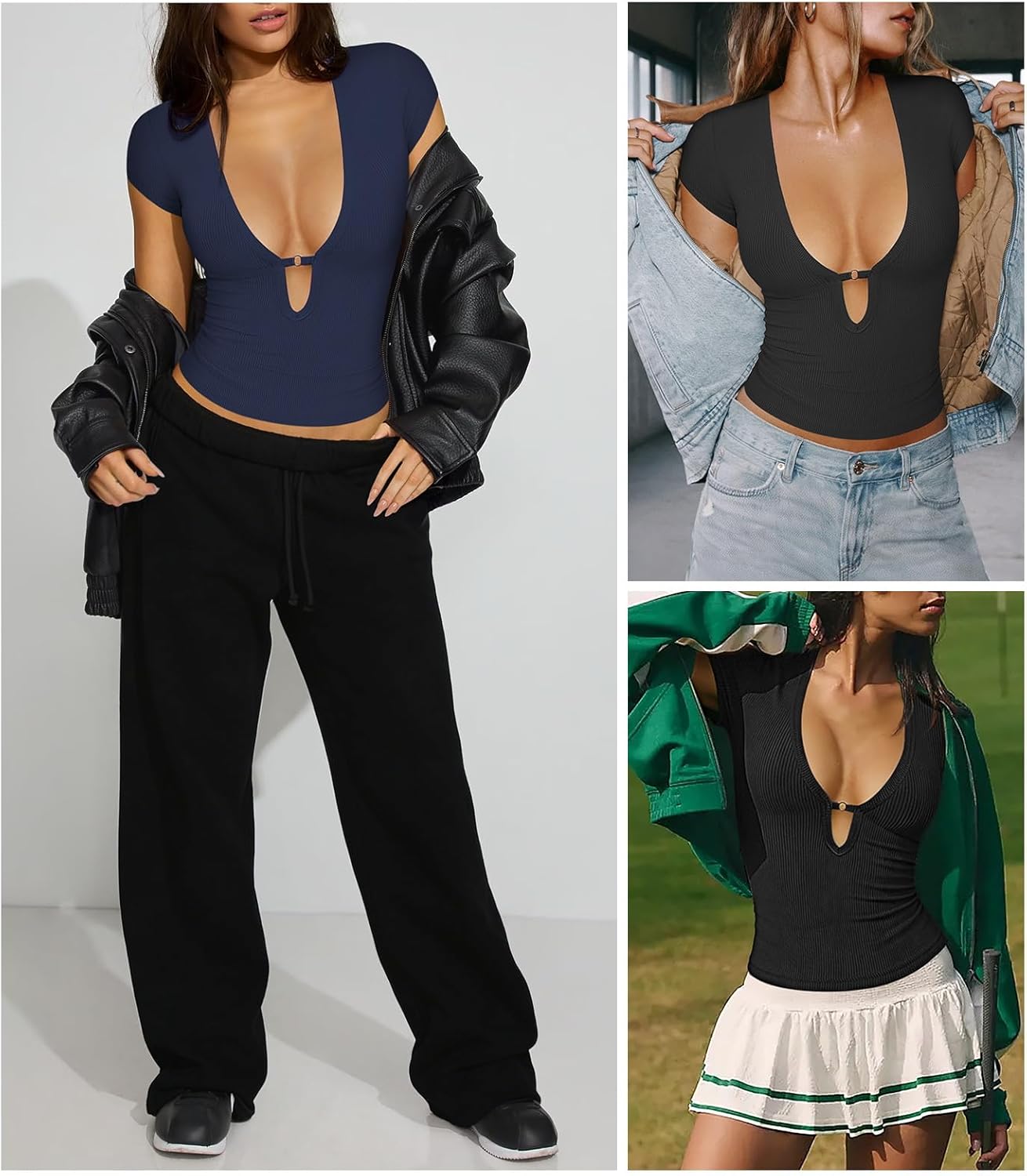 Women's Short Sleeve Deep V Neck T Shirts Ribbed Knit Going Out Tops for Women Slim Fit Crop Y2k Casual Tight Tee - Image 2