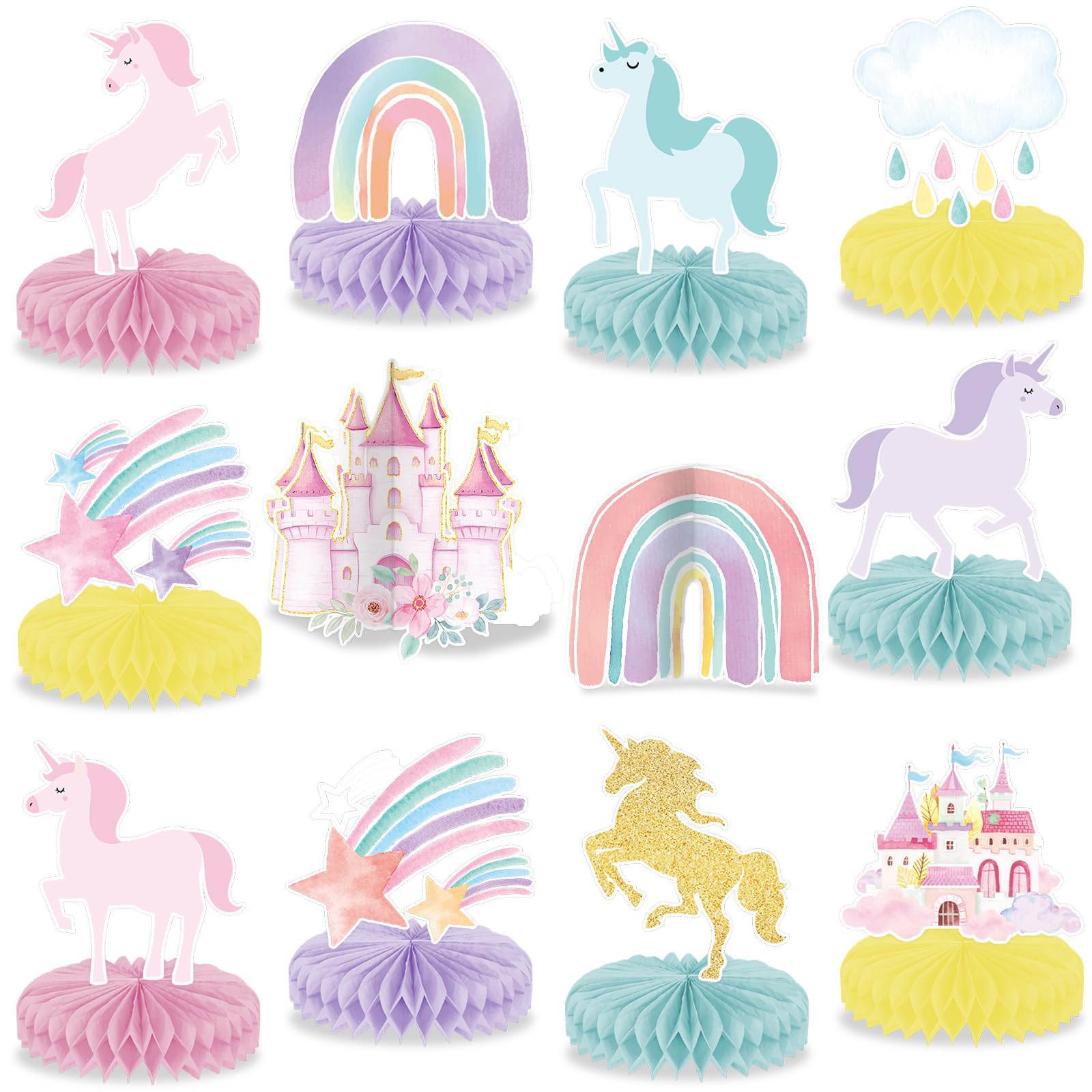 ZenithAura 12 Pieces Unicorn Rainbow Honeycomb Table Decoration Magical Pastel Color Unicorn Party Decor Pastel Rainbow Castle Table Centerpiece for Girls