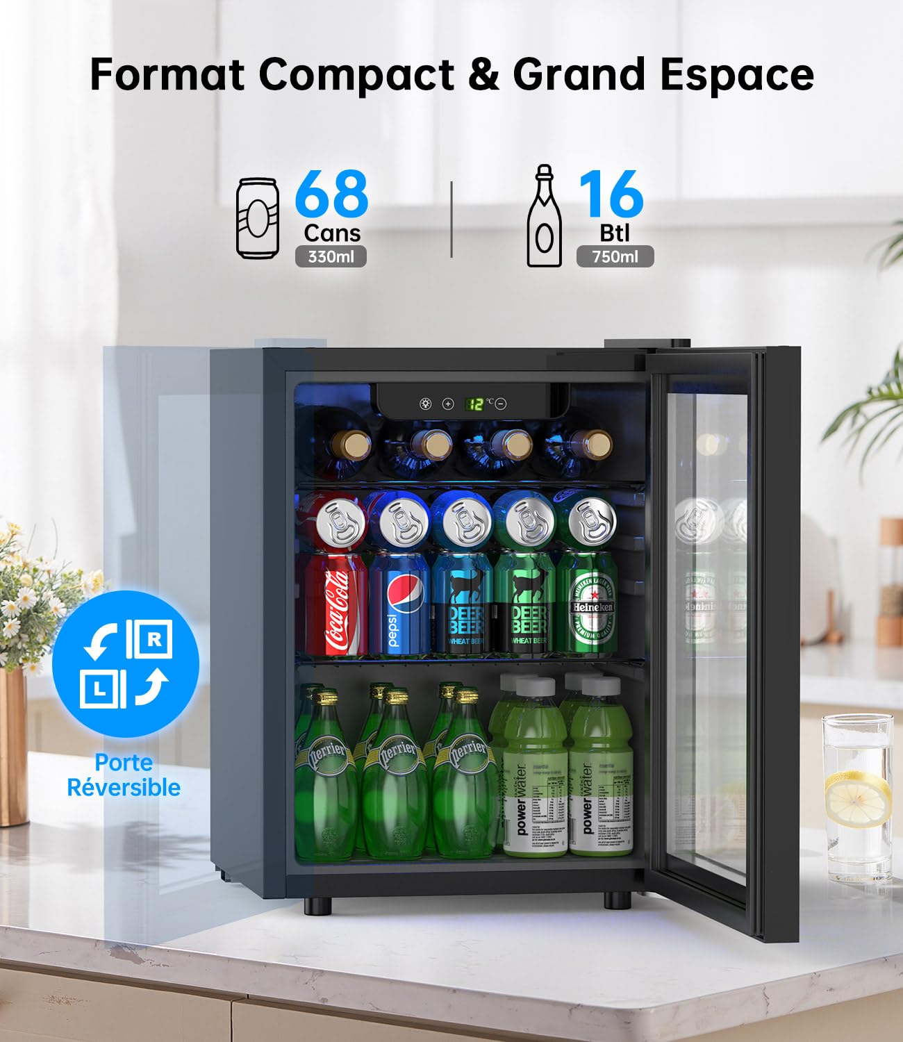 Armoire Vitrine Réfrigérée 48L 68 Cans Mini Frigo avec LED Étagères Réglables Silencieux pour Vin Cannette Bière