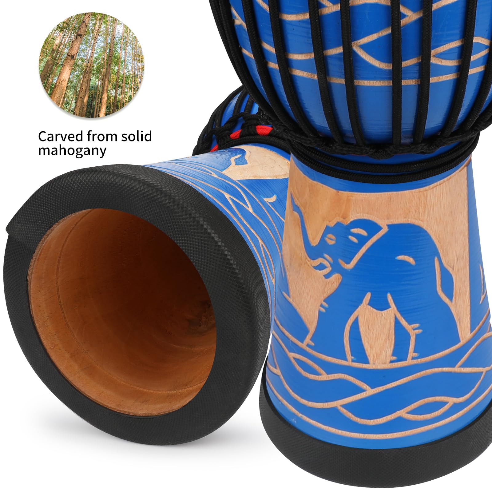 Djembé africain en bois d'acajou en peau de chèvre (25,4 cm, rouge) (éléphant bleu, 20,3 cm)
