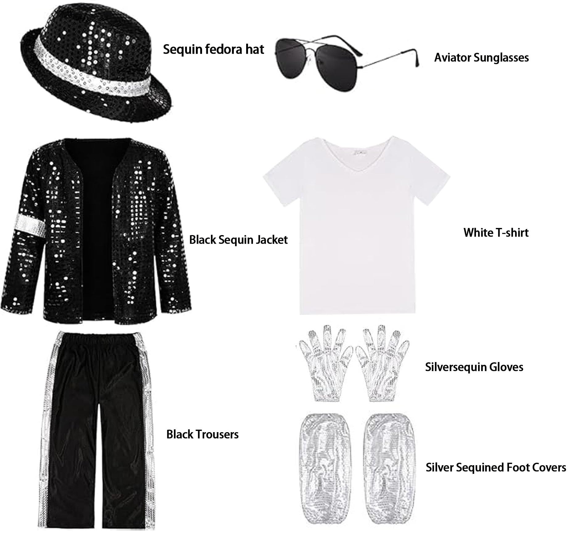Generico 7 Pcs per Costume Halloween Pop Star - Giacca Nera con Paillettes, Pantaloni, Cappello, Guanti Travestimento Retrò Anni '80/'90 per Spettacoli Scena per Feste Halloween