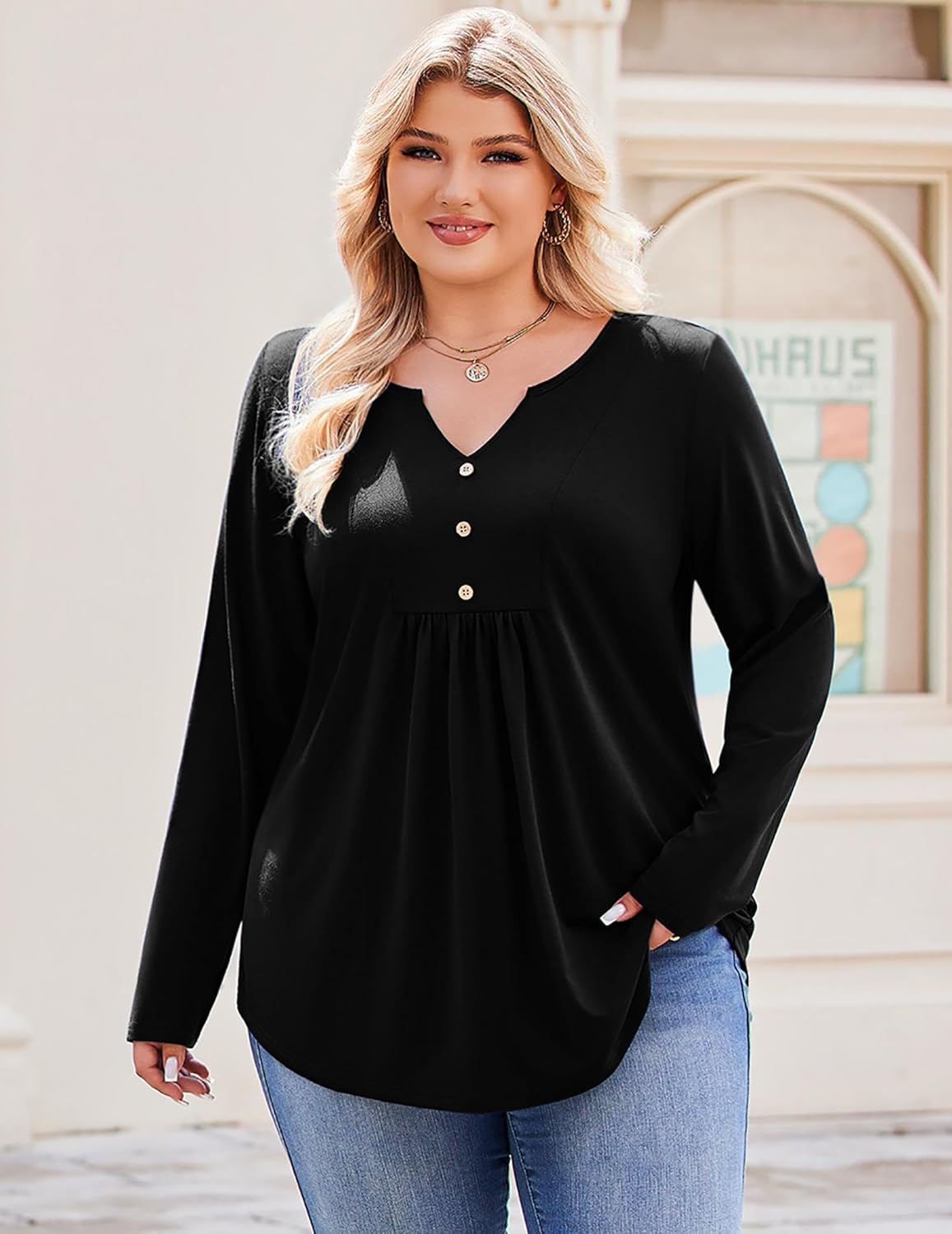 IN'VOLAND Womens Plus Size Long Sleeve Shirts Fall Tunic Top V-neck T-Shirt Button Up Dressy Casual Blouse 1X-5X - Image 3