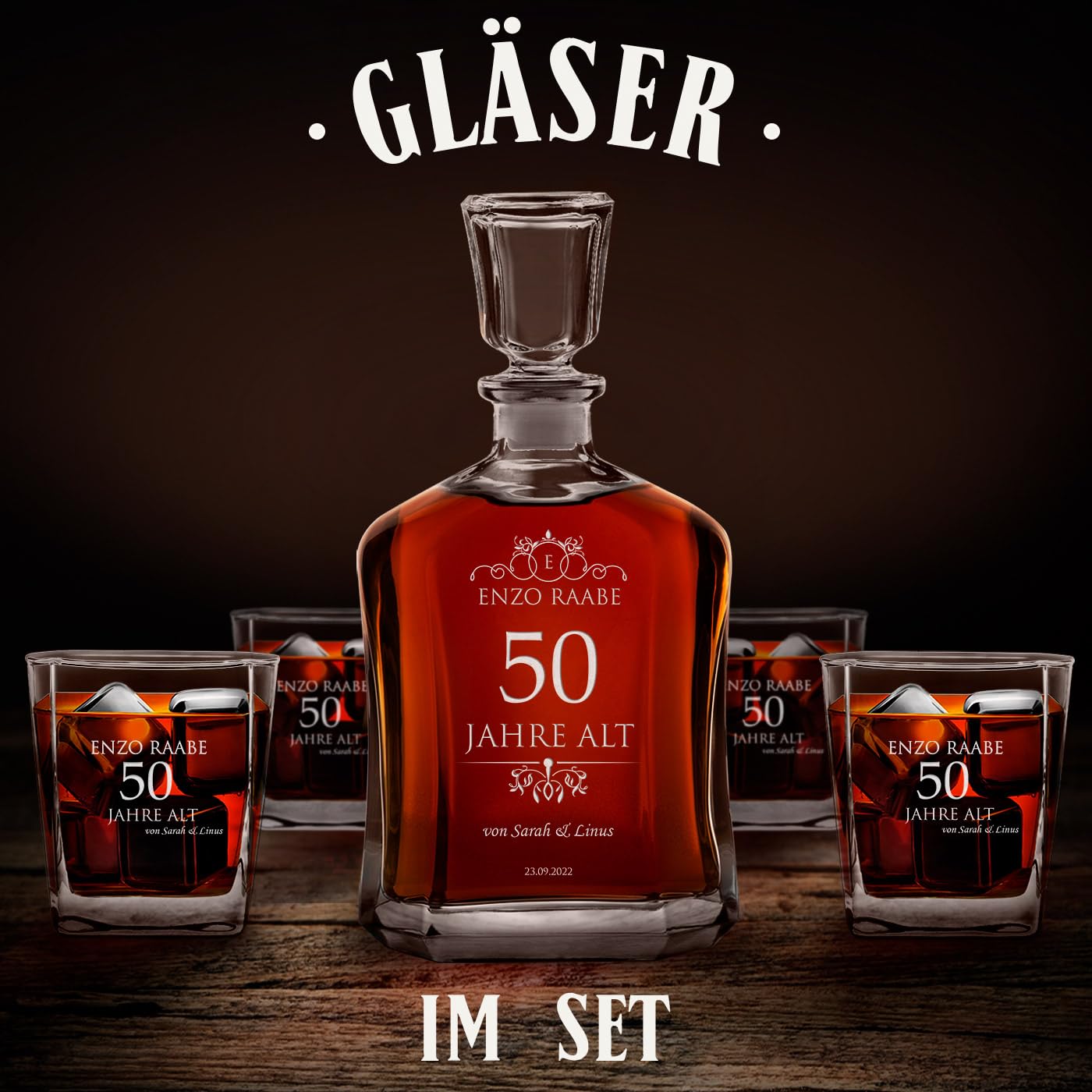 Maverton Whiskey Karaffe + 4er Whiskygläser Set mit Gravur personalisiert