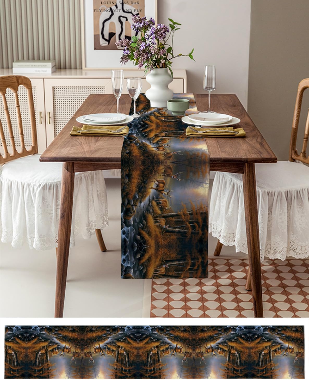 Table Runners 120 inches Long, Deers Stream in Forest Painting Table Runner Farmhouse Dresser Scarves,Decortaive Table Runner Cover for Dining Coffee Table Holiday Party Wedding
