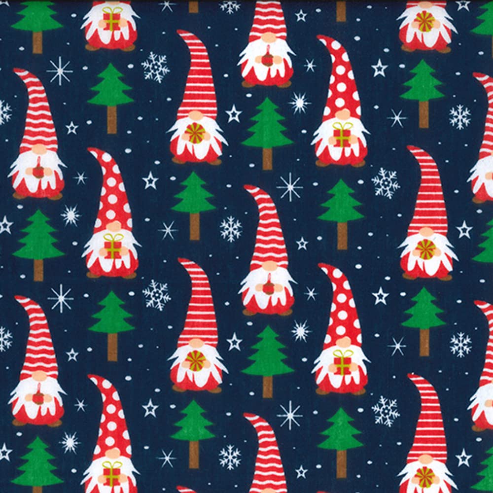 Polycotton Fabric Christmas Gifting Gonks Present Forest Festive Xmas Gnomes (Sold Per Metre)