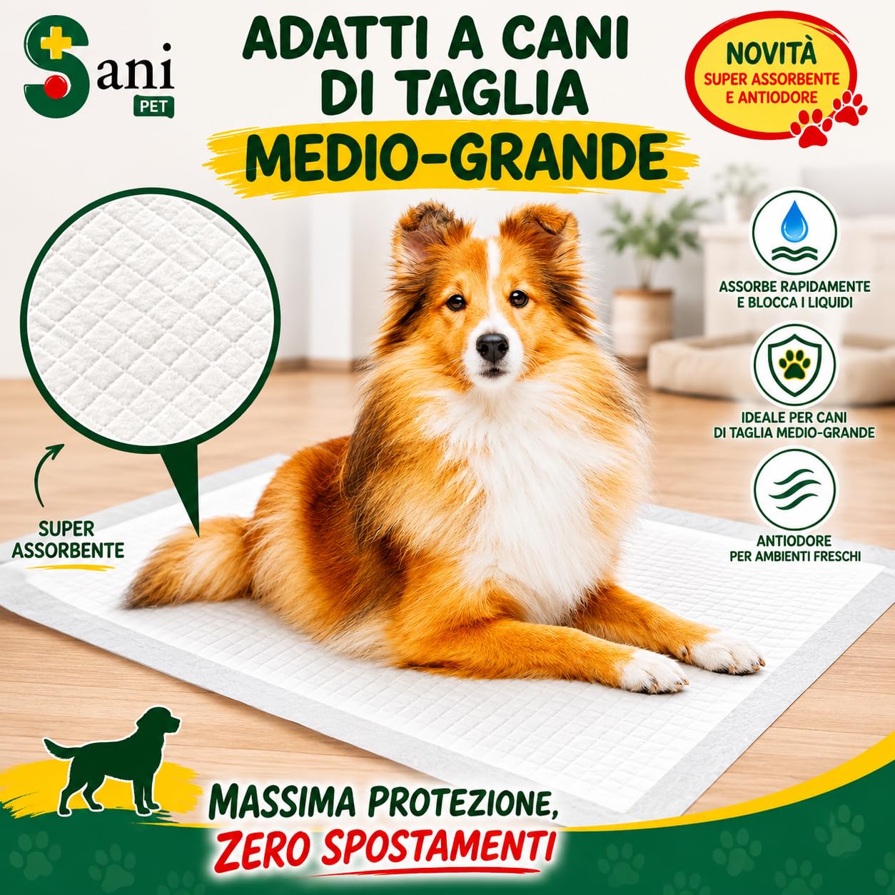 SANI PET Traverse Assorbenti 60x90 cm 100 Pezzi | Tappetini Igienici per Cani e Gatti | Adesivi Extra Lunghi | Antiodore | Fondo Impermeabile