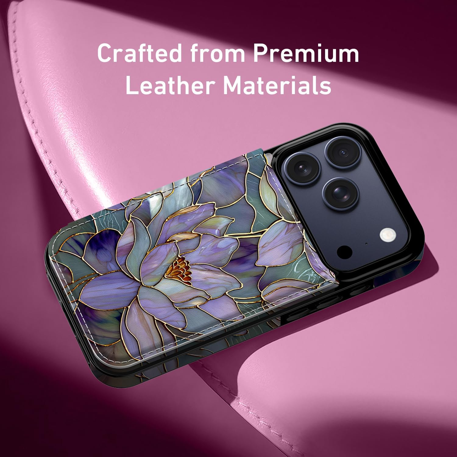 FUNMIKO for iPhone 17 Pro Wallet Case with Card Holder, RFID-Blocking, Military-Grade Protection & UV-Printed Artwork, Magnetic Closure with Leather Kickstand - Dreamy Lotus - Image 4
