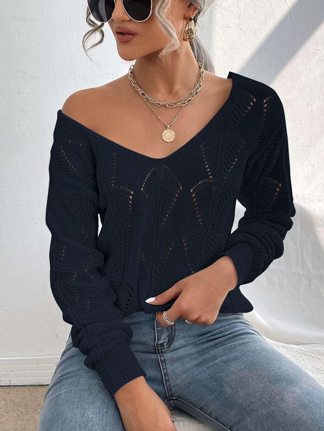 Women's Sweater Solid Pointelle Drop Shoulder Sweater Sweater for Women (Color : Navy Blue, Size : Medium)