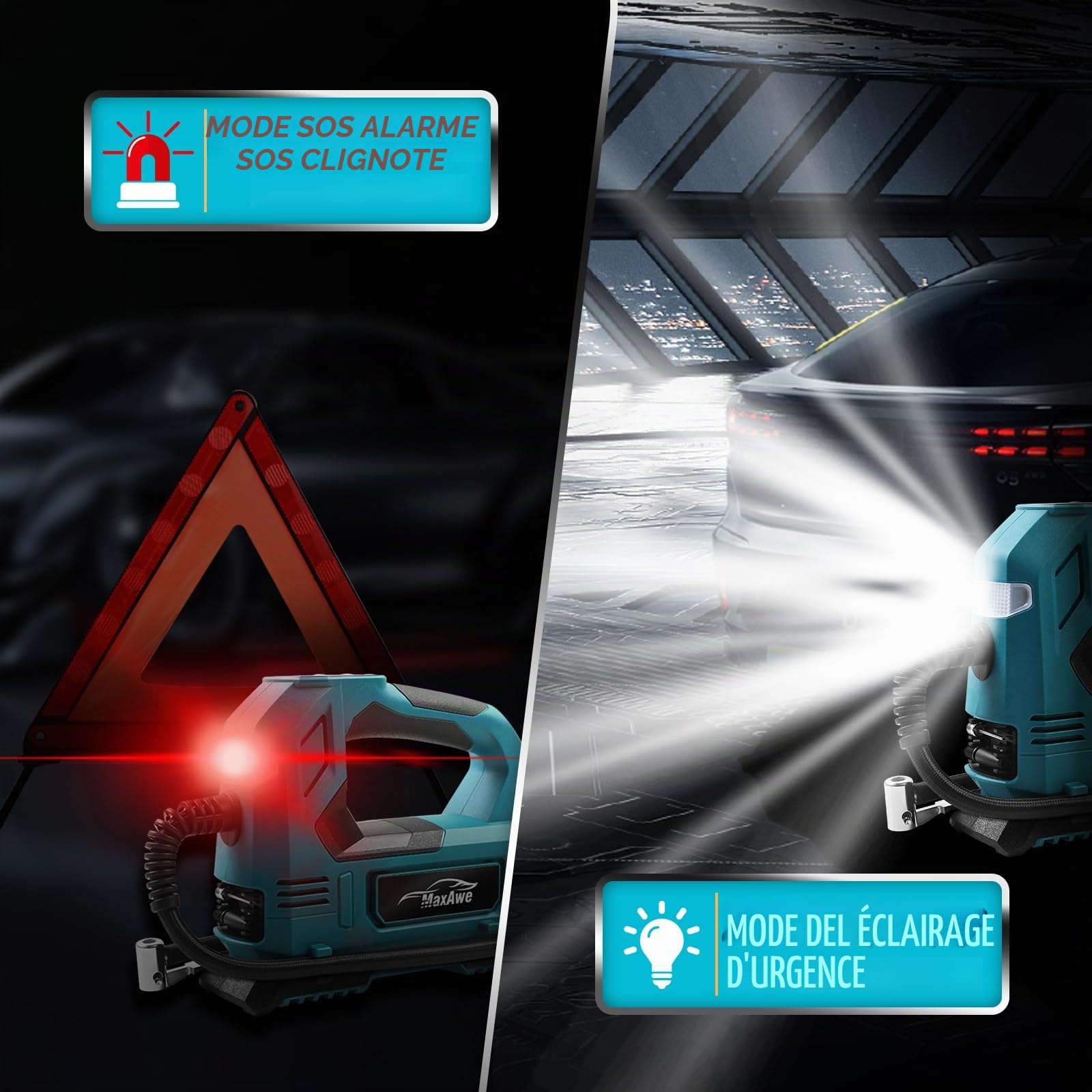 MaxAwe Compresseur à batterie pour Makita 18 V, pompe à air électrique sans fil avec câble auto et 3 buses, gonfleur portable avec lumière LED, pour voitures, motos, vélos, ballons (sans batterie)