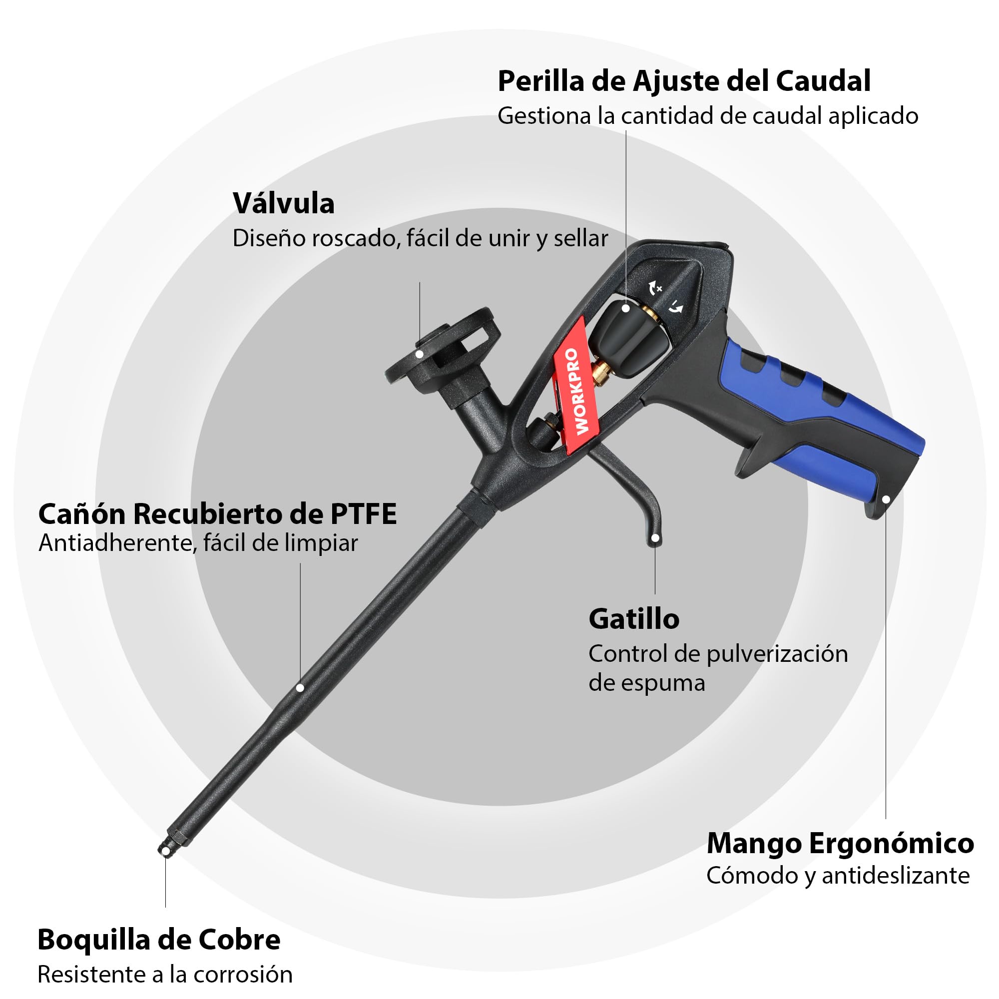 WORKPRO Pistola Espuma Poliuretano,Pistola para Espuma Profesional, Pistola Poliuretano Recubierta de PTFE, Pistola de Espuma con Boquilla de Cobre, Rellenar y Sellar Proyectos de Bricolaje
