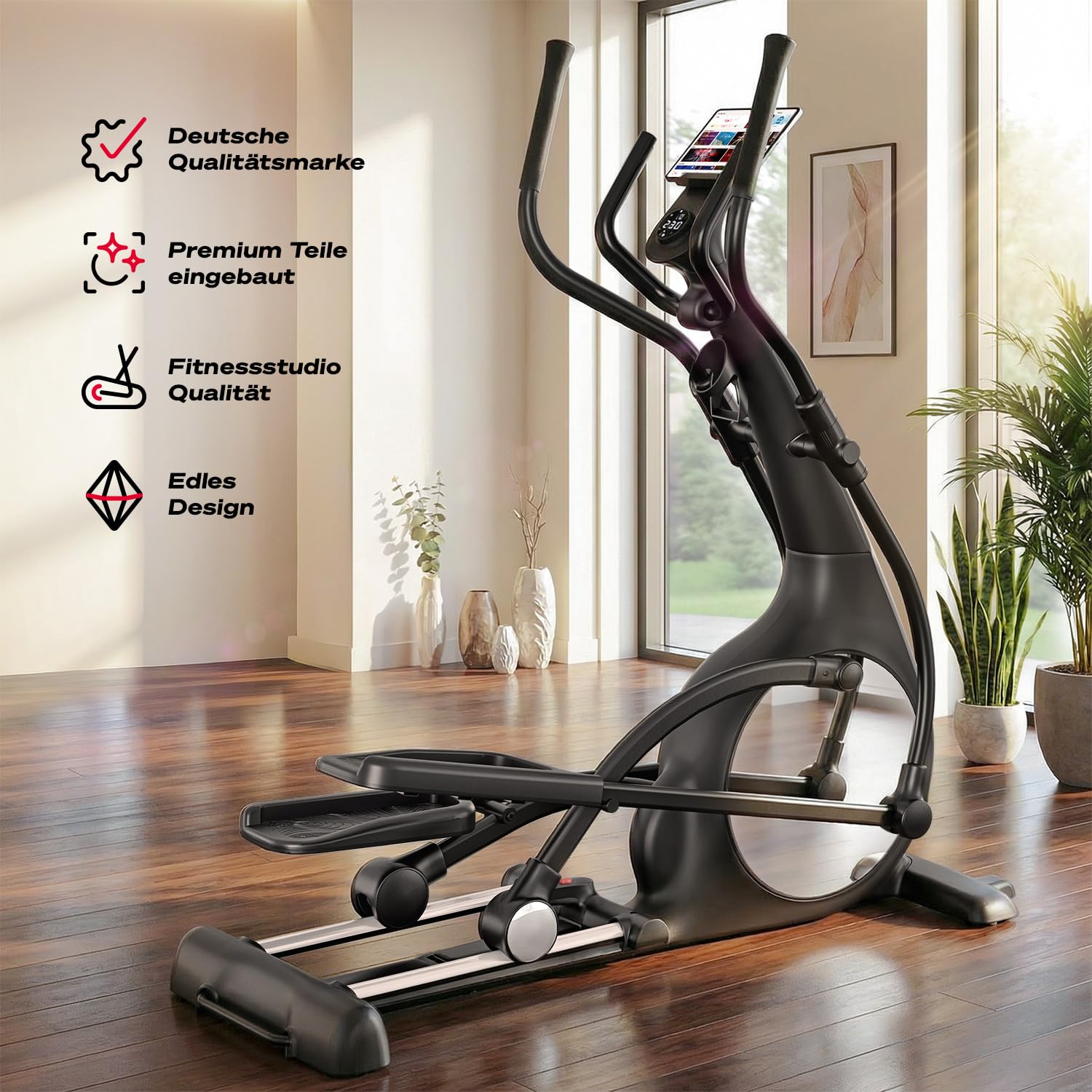 Sportstech sCross, Crosstrainer für Zuhause, Ellipsentrainer Stepper für Zuhause mit 32 Widerstandsstufen, Knob-Display, Steigung, Tablethalterung, bis 150 kg, 23 kg Schwungrad, 48 cm Schrittlänge