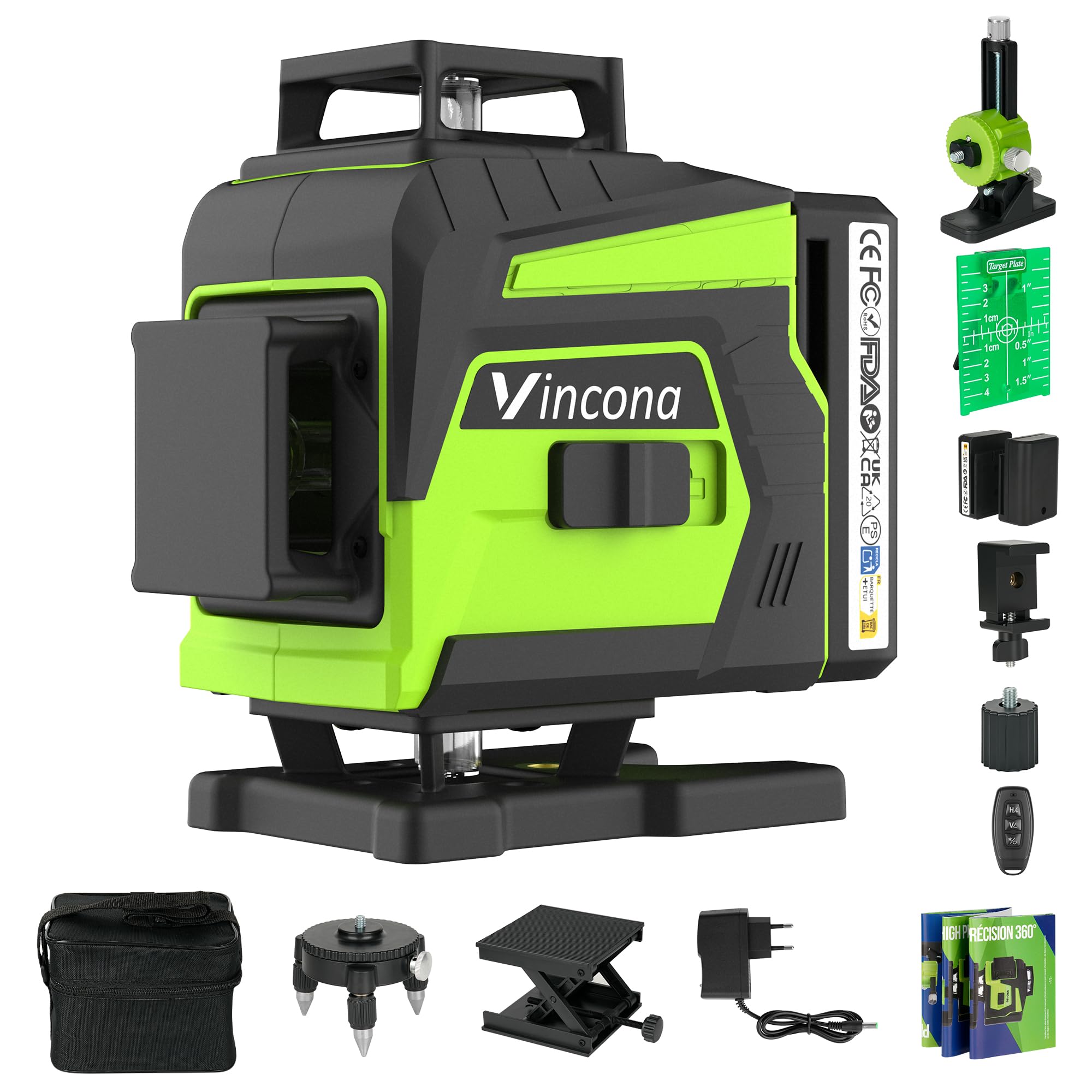 Vincona Kreuzlinienlaser Grün, Laser Wasserwaage 4 x 360 °, Nivellierlaser Selbstnivellierenden 16 Linien, Linienlaser kreuzlaser Baulaser mit 2 x Batterie für Innen- und Außenbereich Baustelle