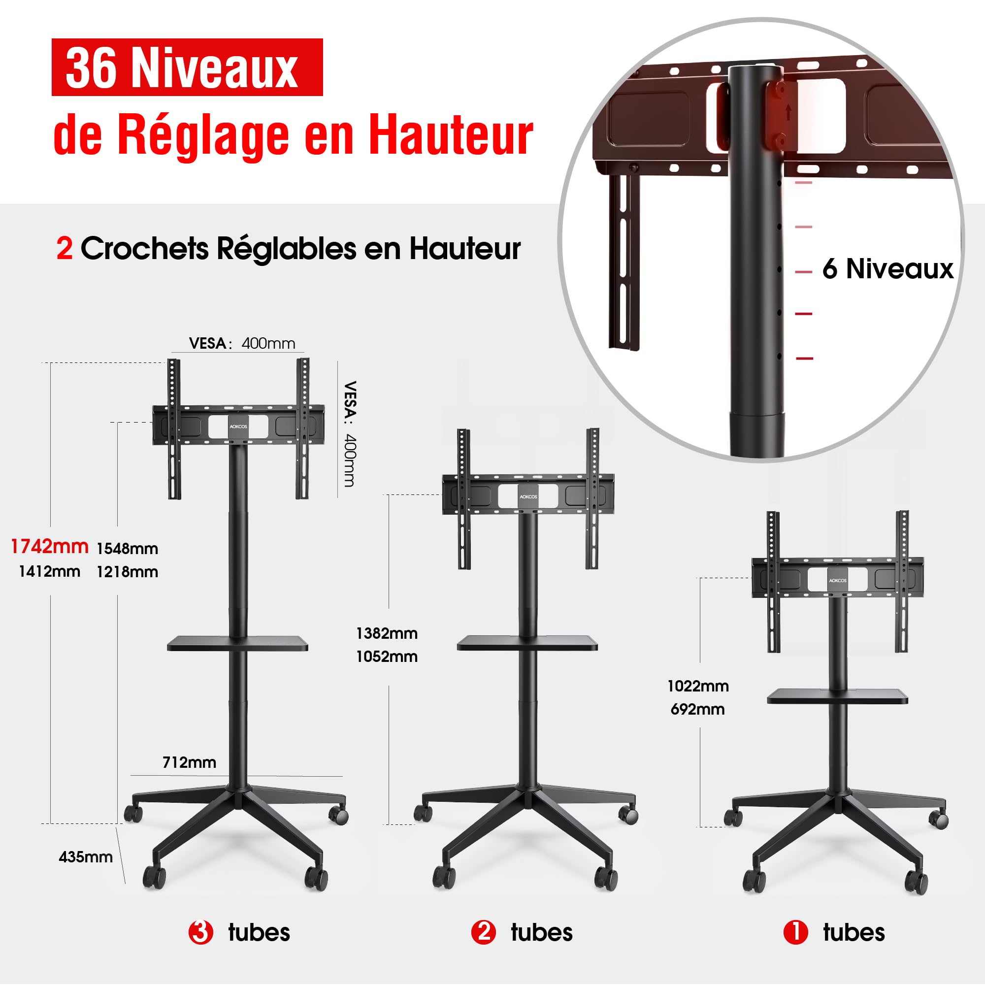 AOKCOS Support TV sur roulettes pour téléviseurs de 32-65 Pouces, Support TV sur Pied Réglable en Hauteur avec Etagère, Montage Ultra-Rapide, Max. Capacité 35 KG, Max. VESA 400x400mm