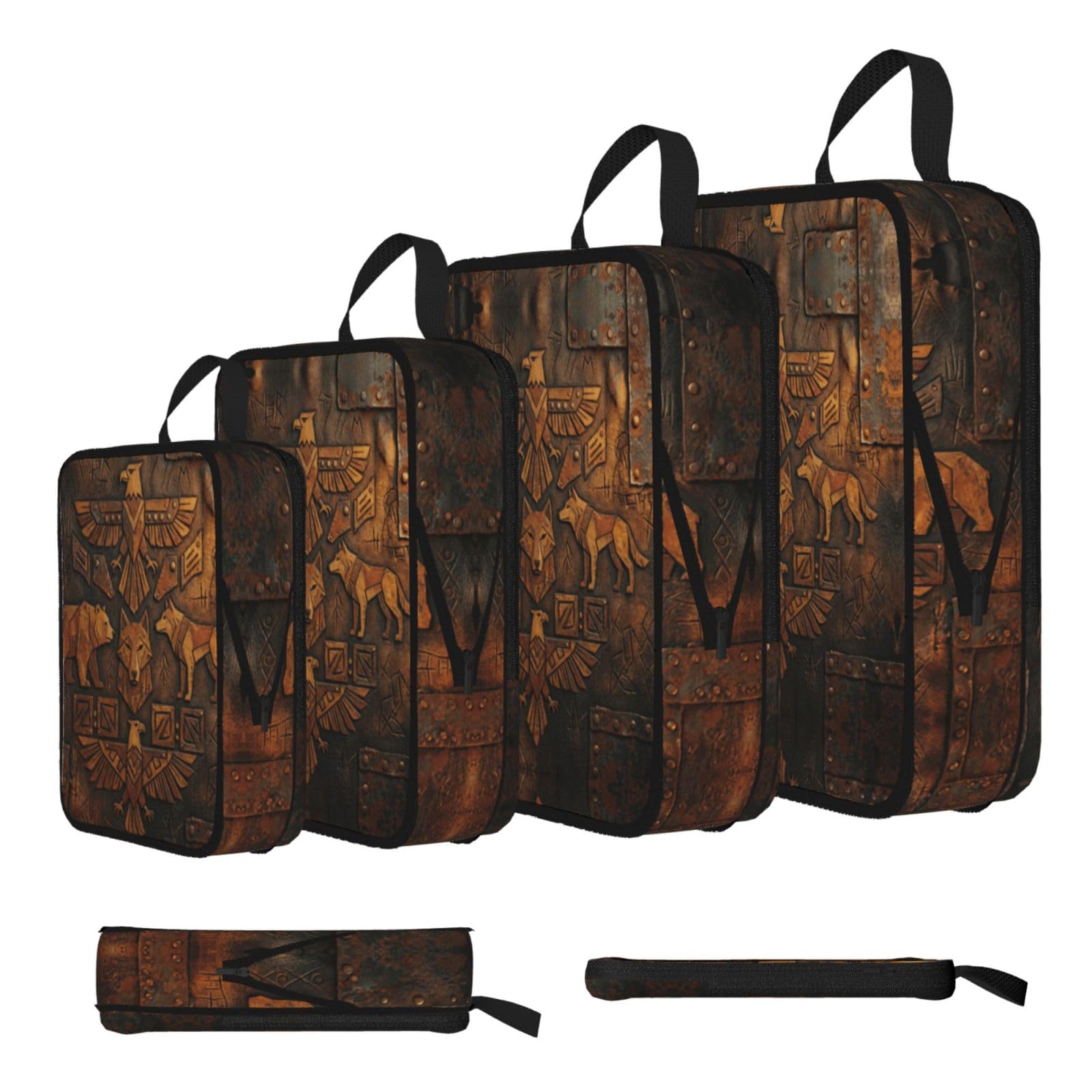 Sxzvvbn Black Abstract Bear Wolf And Eagle Tribal Totem Compression Packing Cubes 4 Piece Set