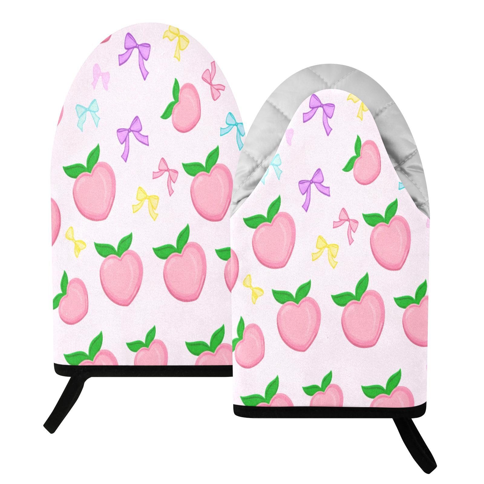 BURSTDDY Bow Peach Oven Mitt,Heat Resistant Kitchen Mitts for Cooking