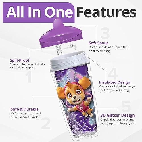 Miniatura 2 de Playtex Baby Stage 3 Glitter Paw Patrol - Vaso para beber con aislamiento, a prueba de derrames, para edades de 1 año, 9 onzas, rosa, 1 unidad