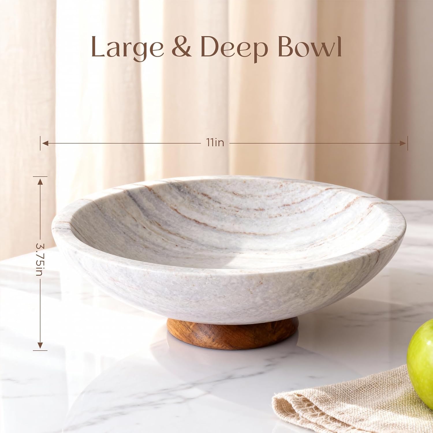 Gray Marble Fruit Bowl with Acacia Wood Pedestal, Large Decorative Footed Bowl, Natural Stone Centerpiece for Kitchen Counter, Entryway, Keys, Dining Table, House Warming Gifts New Home(11Inch)