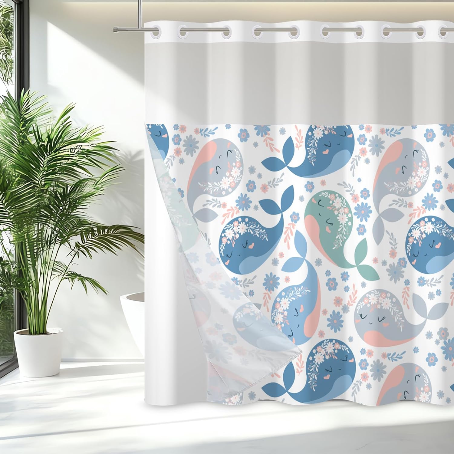 71x71 Inch Without Hook Ocean Shower Curtain and Liner Set Lovely Whale Flower Watercolor Fabric Snap in Shower Curtains for Bathroom Cartoon Cute Anime Nautical Sea Children Bathroom Set