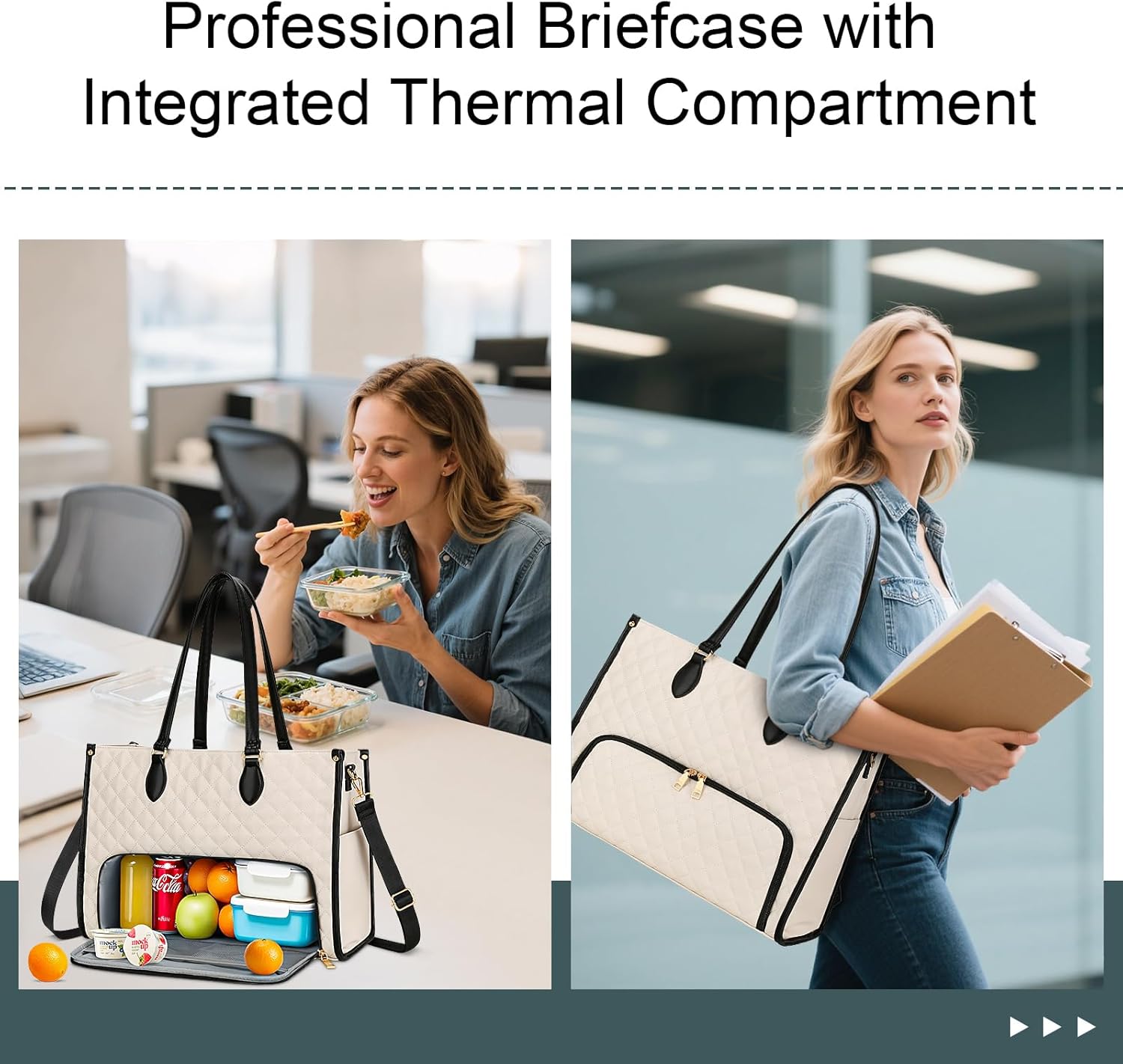 KKXIU Lunch Bag for Women - 15.6" Laptop Bag with Insulated Lunch Compartment, 2 in 1 Tote & Lunch Bags Combo with Large Capacity, Quilted Computer Handbag for Work, Office, Nurse, Teacher (Beige) - Image 6