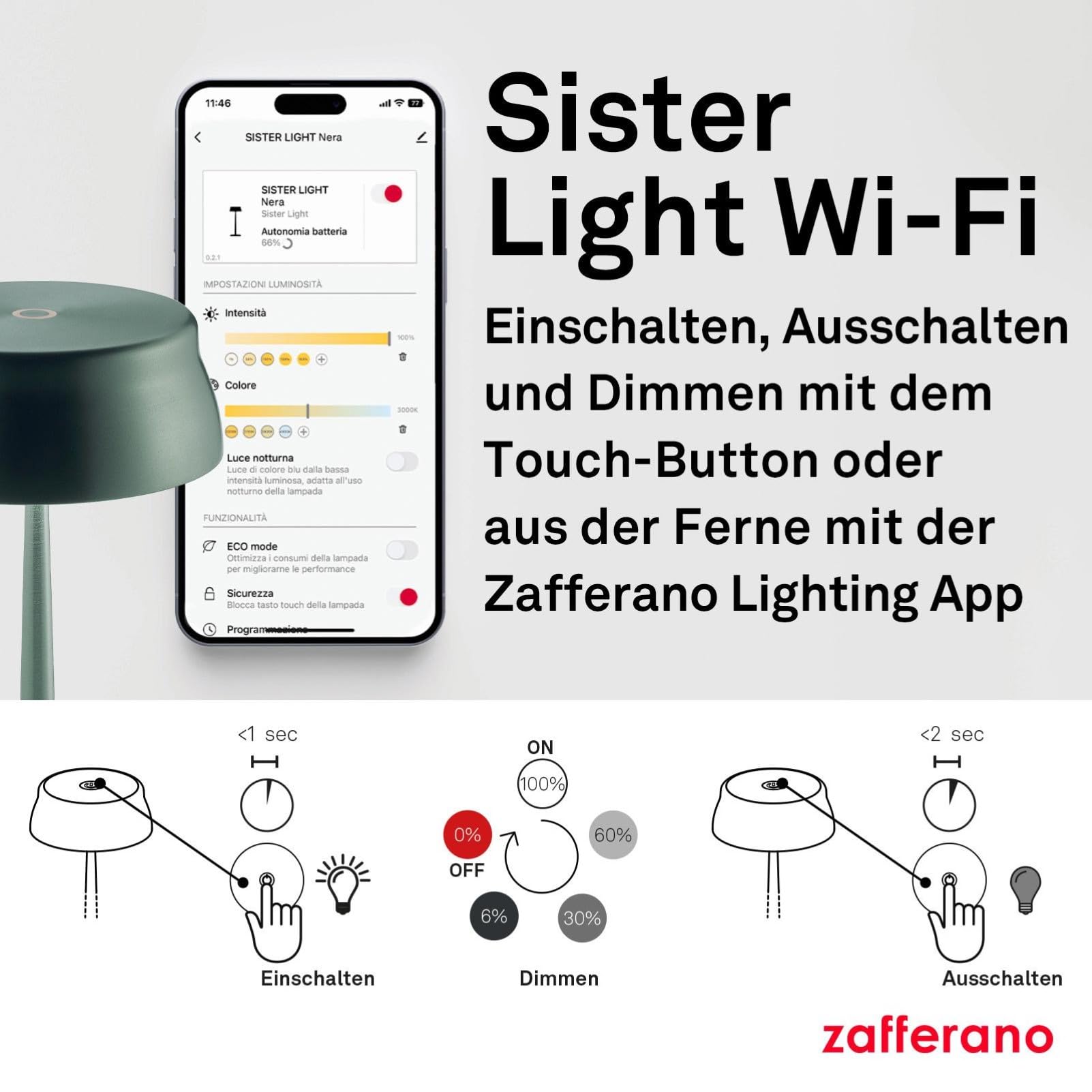 Zafferano, Sister Light Wi-Fi Lampe, Wiederaufladbare und Kabellose Tischlampe mit Fernbedienung, Geeignet für den Innen- und Außenbereich, Stufendimmer, 2200-4000 K, Höhe 32,8 cm, Farbe Gold