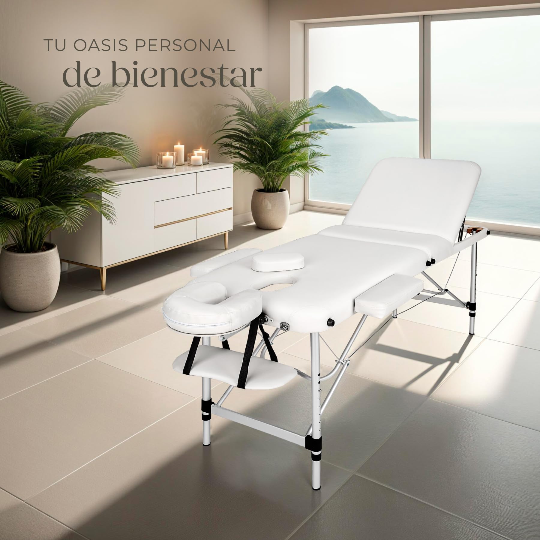 tectake® Camilla de Masaje Plegable de Aluminio, Estética Profesional para Quiromasaje, Tatuajes, Reiki y Fisioterapia - Altura Ajustable, 3 Zonas, con Bolsa de Transporte - Blanco