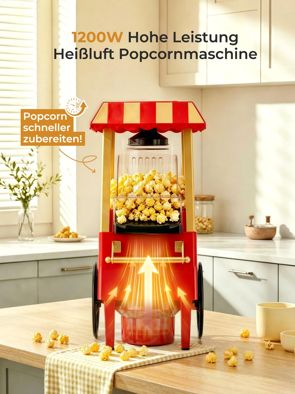 3,5L Popcornmaschine, HOUSNAT 1200W Heißluft Popcorn Maschine, Fettarme Ölfreie Popcorn Snack, Popcorn in 3 Minuten Genießen – Ideal für Zuhause und Feiern
