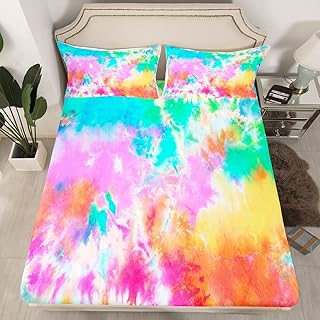 Colorful Tie Dyed Fitted Sheet Kids Tie Dye Bedding Sheet Set Orange Yellow Pink Blue Psychedelic Spiral Swirl Batik Boho Hippie Bed Cover Girls Teens Room Decor with 2 Pillow Shams(Rainbow,Full)