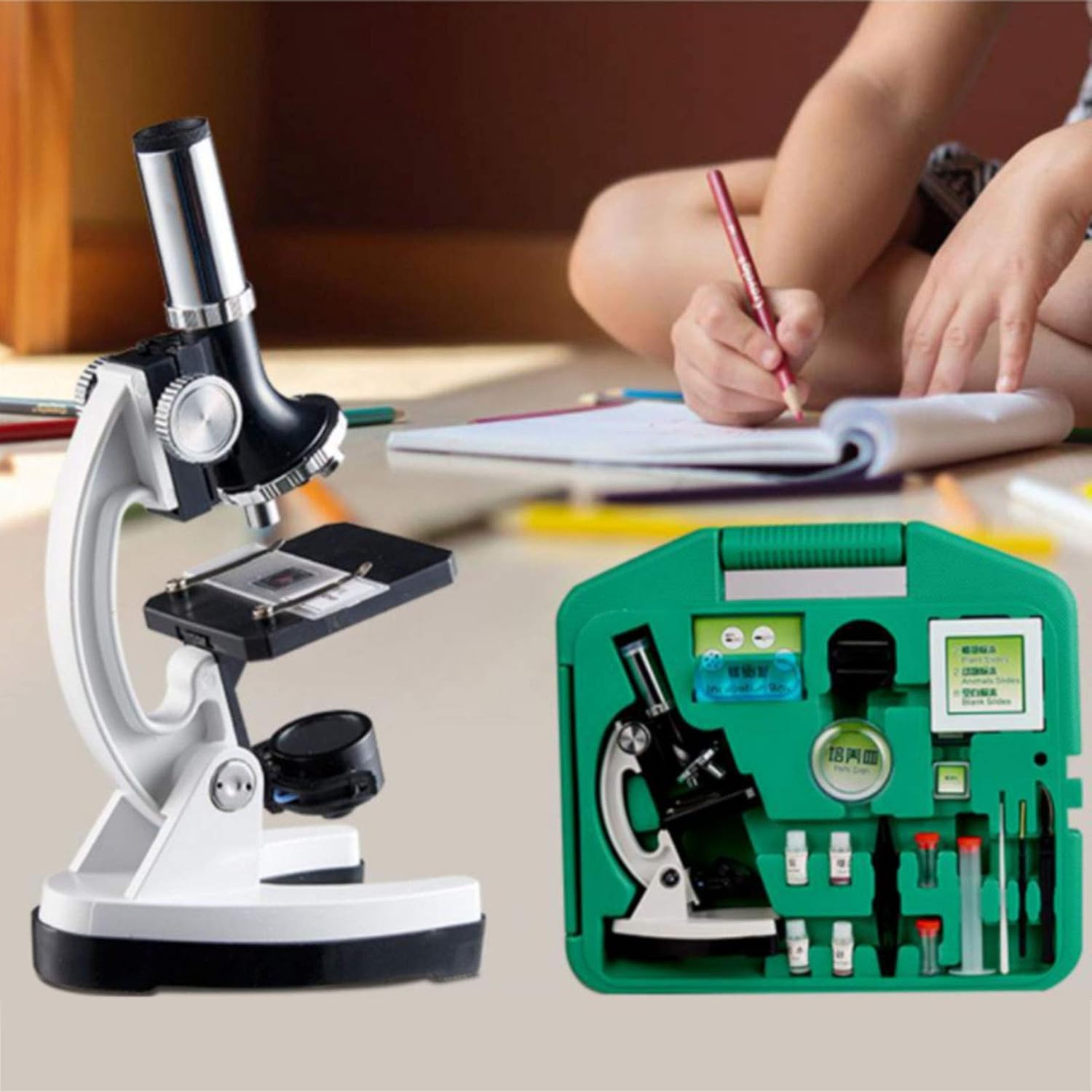 Kids Microscope Set Beginners Microscope100x-1200x monocular Microscopes Eyepiece (10x) Objective Lens (10x-120x) can be Connected to a Mobile Phone to take Pictures Body 90° Bendable 13x8.5x23cm